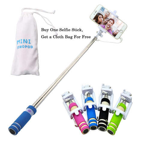 Portable Mini Folding Mobile Phone Wired self Selfie Sticks For iphone Samsung Built-in Shutter Camera Monopod Tripod Cloth Bag